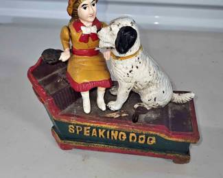 Cast iron penny bank speaking dog