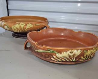 Vintage Roseville freesia pottery bowl, tangerine floral centerpiece. Pair of bowls
