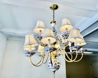 Delft Blue & White Porcelain and Brass Chandelier 
