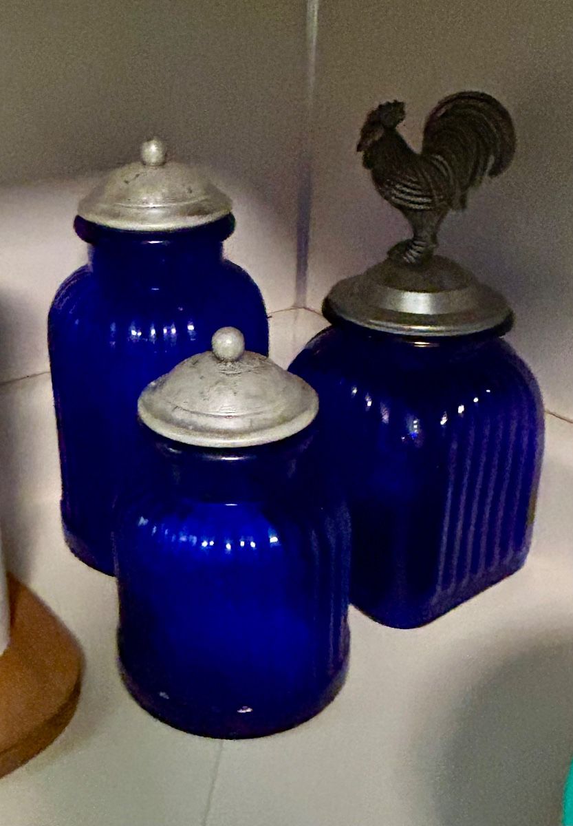 Set of 3 Vintage Cobalt Blue Glass Canisters with Metal Lids