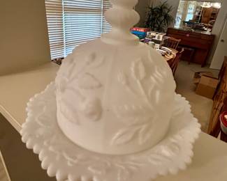 Vintage White Milk Glass Rose Covered Dish with Underplate