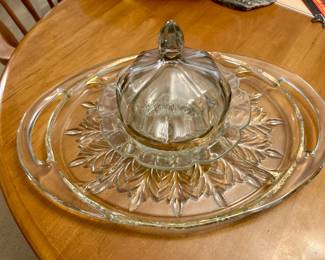 Vintage Pressed Glass Serving Tray with Covered Butter Dish