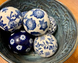 Blue & White Porcelain Decorative Orbs with Pottery Bowl