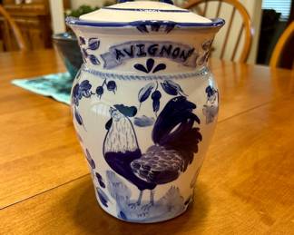 Blue & White Rooster Lidded Ceramic Canister