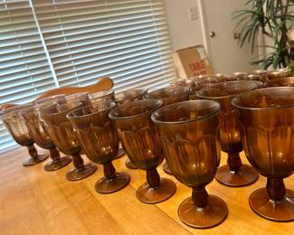 Large Set of Vintage Amber Glass Goblets