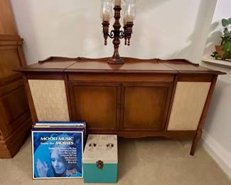 Vintage Mid-Century Stereo Console with Turntable & Radio • Records