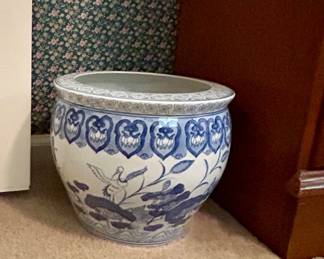 Large Blue & White Asian-Style Porcelain Planter