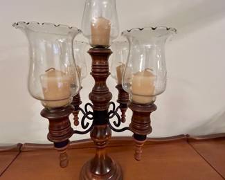 Vintage Five-Light Wood & Metal Hurricane Candleholder