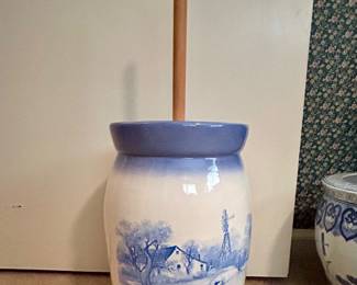 Vintage Blue & White Ceramic Butter Churn with Wooden Dasher
