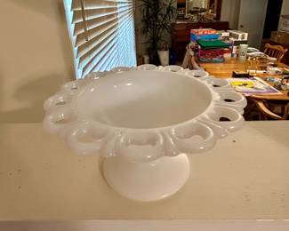 Vintage White Milk Glass Lace-Edge Pedestal Bowl