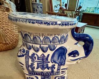 Large Blue & White Ceramic Elephant Garden Stool / Planter