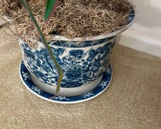 Large Blue & White Chinoiserie Ceramic Planter with Saucer