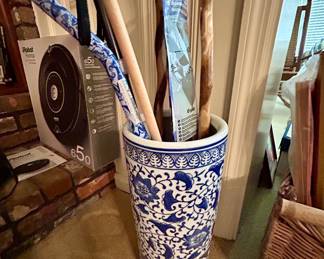 Tall Blue & White Chinoiserie Porcelain Umbrella Stand