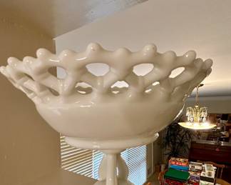 Vintage White Milk Glass Open-Lattice Pedestal Compote