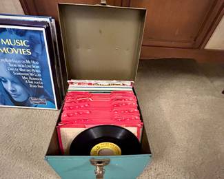 Vintage 45 RPM Record Collection in Metal Storage Case