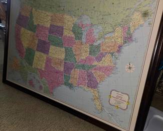 Large Framed Vintage-Style United States Map