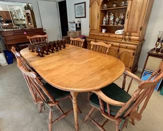 Traditional Maple Dining Table with 8 Windsor-Style Chairs • Large Traditional Maple China Hutch / Display Cabinet