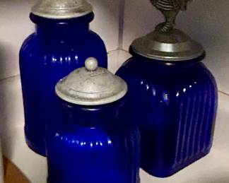 Set of 3 Vintage Cobalt Blue Glass Canisters with Metal Lids