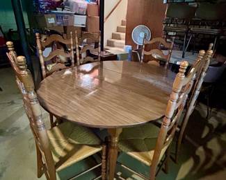 Vintage Dining Table with Six Rush-Seat Chairs