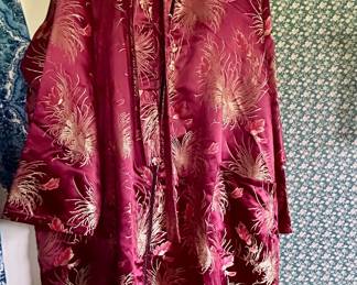 Vintage Burgundy Satin Asian-Inspired Robe / Housecoat