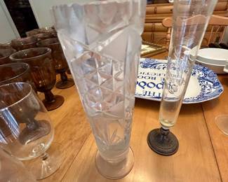 Pair of Vintage Etched Glass Bud Vases