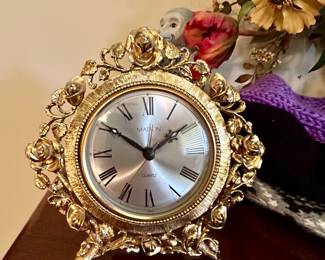 Vintage Matson Gold-Tone Rose Mantel Clock