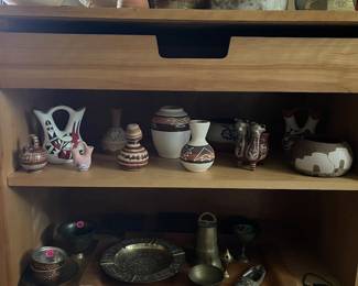 misc brass/ Mexican and Native American pottery