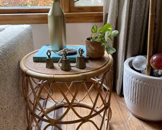 side table, lamp, bells, etc