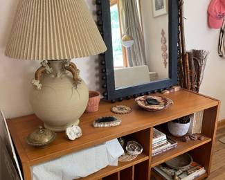 misc decor, pottery lamp, arch mirror, mcm record stand