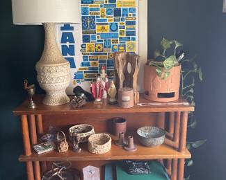 mcm lamp and bookshelf w/ misc decor