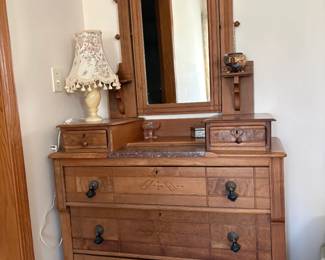 Dresser w/Carved and Burled wood Inlays and Marble Top