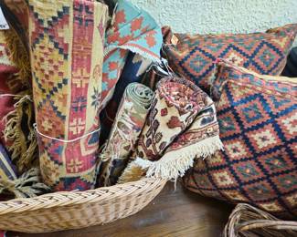 Turkish flat weave area rugs. Pair of floor pillows.