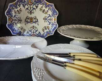 Milk glass plates, cake stand, and platter
