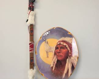 Lot #51 - Vintage Native American-Inspired Wall Art and Handcrafted Ceremonial Stick with Fur & Bead Accents