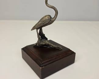 Lot #38 - Vintage Signed Wally Shoop Bronze Metal Egret Bird Sculpture on Wood Base