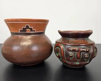 Lot #25 - Vintage Mexican & Brazilian Handcrafted Clay Pots with Green Accents and Authentic Motifs