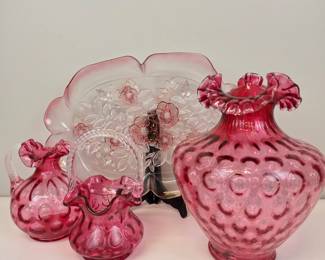 Lot #77 - Vintage Fenton Cranberry Coin Dot Glass Vase, Pitcher, and Basket Set, plus Mikasa Rosella Floral Canape Serving Tray