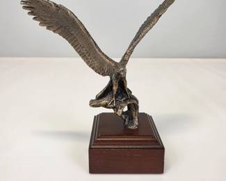 Lot #37 - Vintage Ltd. Edition Wally Shoop Bronze Flying Eagle Sculpture on Wood Base - Detailed Metal Art Figurine