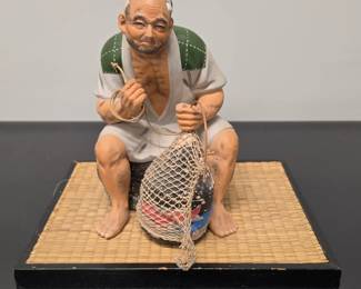 Lot #21 - Vintage 1950s Japanese Hakata Urasaki Clay Figurine on Tatami Mat Base - Hand-Painted Detail