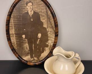 Lot #34 - Antique Farmhouse Decor Lot - Vintage McCoy Pitcher & Bowl Set with Oval Framed Photo