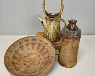 Lot #39 - Handcrafted Ceramic Pottery Set with Bamboo Handle Teapot, Brutalist Vase, and Folk Art Bowl