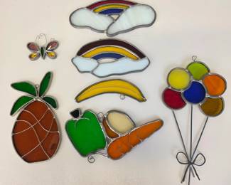 Lot #71 - Handcrafted Stained Glass Pineapple, Rainbow, Balloons, Butterfly & Vegetable Suncatchers - Vibrant Decorative Art