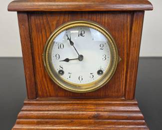 Lot #67 - Antique Wooden Mantel Clock with Brass Bezel and White Dial - Professionally Serviced