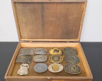 Lot #68 - Vintage Belt Buckles - Western Law Enforcement, Canoeing, Rafting, Hunting, w/ Security Officer Badge.