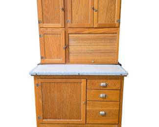 Lot #2 - Vintage Hoosier Oak Kitchen Cabinet with Roll-Top Door and Porcelain Work Surface