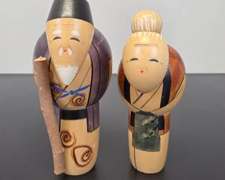 Lot #22 - Vintage Handcrafted Japanese Kokeshi Dolls by Miyashita Hajime - Wooden Traditional Folk Art Figurines
