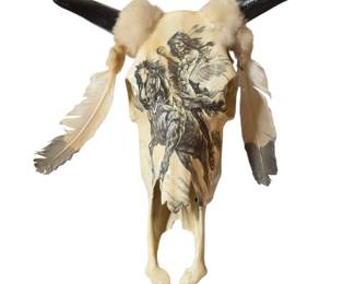 Lot #1 - Bob Aebi Lord's Diversified Native American Themed Hand-Painted Longhorn Skull Wall Decor with Feathers and Fur Accents