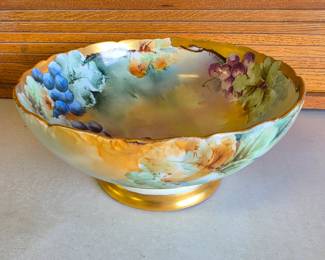 Lot #15 - Hand-Painted Bavarian Vintage Porcelain Fruit Bowl with Grape Motif and Gold Accents