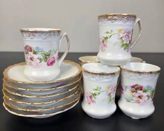 Lot #43 - Vintage Porcelain Cup and Saucer Set of 6 with Hand-Painted Floral Design and Gilded Edges