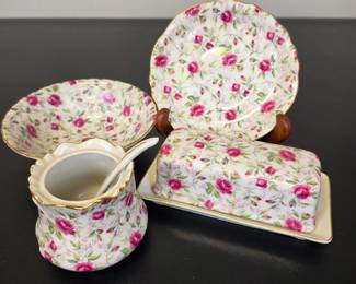Lot #45 - Vintage Lefton China Hand-Painted Floral Pink Rose Porcelain Set with Gold Trim